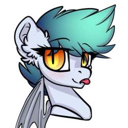 Size: 519x519 | Tagged: safe, artist:spoopygander, oc, oc only, oc:stardust, bat pony, pony, :p, bat ears, bat pony oc, bat wings, blushing, colored wings, ear fluff, fangs, female, freckles, looking at you, mare, multicolored eyes, multicolored hair, multicolored mane, multicolored wings, outline, shading, silly, simple background, slit pupils, smiling, solo, tongue out, transparent background
