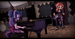 Size: 10220x5400 | Tagged: safe, artist:imafutureguitarhero, sci-twi, sunset shimmer, twilight sparkle, unicorn, anthro, plantigrade anthro, g4, 3d, absurd file size, absurd resolution, adidas, amplifier, bass guitar, black bars, breasts, cable, carpet, chair, chromatic aberration, cleavage, clothes, dress, drink, drum kit, drums, duo, female, film grain, floppy ears, freckles, glass, guitar, guitar cabinet, hair bun, headphones, jacket, leather jacket, letterboxing, mare, motion blur, multicolored hair, musical instrument, open mouth, pants, piano, playing instrument, recording studio, rickenbacker, shoes, signature, sitting, skirt, source filmmaker, stool, studio, tracksuit, wall of tags