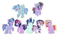 Size: 2500x1536 | Tagged: safe, artist:detoxx-retoxx, oc, oc:aurora lights, oc:cloudburst, oc:iris blossom, oc:painted feather, oc:rubellite, oc:speedster, oc:twisted beatz, pegasus, pony, unicorn, base used, clothes, ear piercing, jacket, lip piercing, magical lesbian spawn, offspring, parent:rainbow dash, parent:twilight sparkle, parents:twidash, piercing, rainbow hair, scarf, siblings, simple background, transparent background, watermark