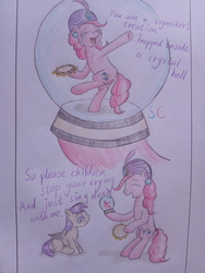 Size: 3072x4096 | Tagged: safe, artist:supercastle, pinkie pie, scootaloo, gypsy bard, g4, crying, crystal ball, gypsy pie, musical instrument, tambourine, traditional art