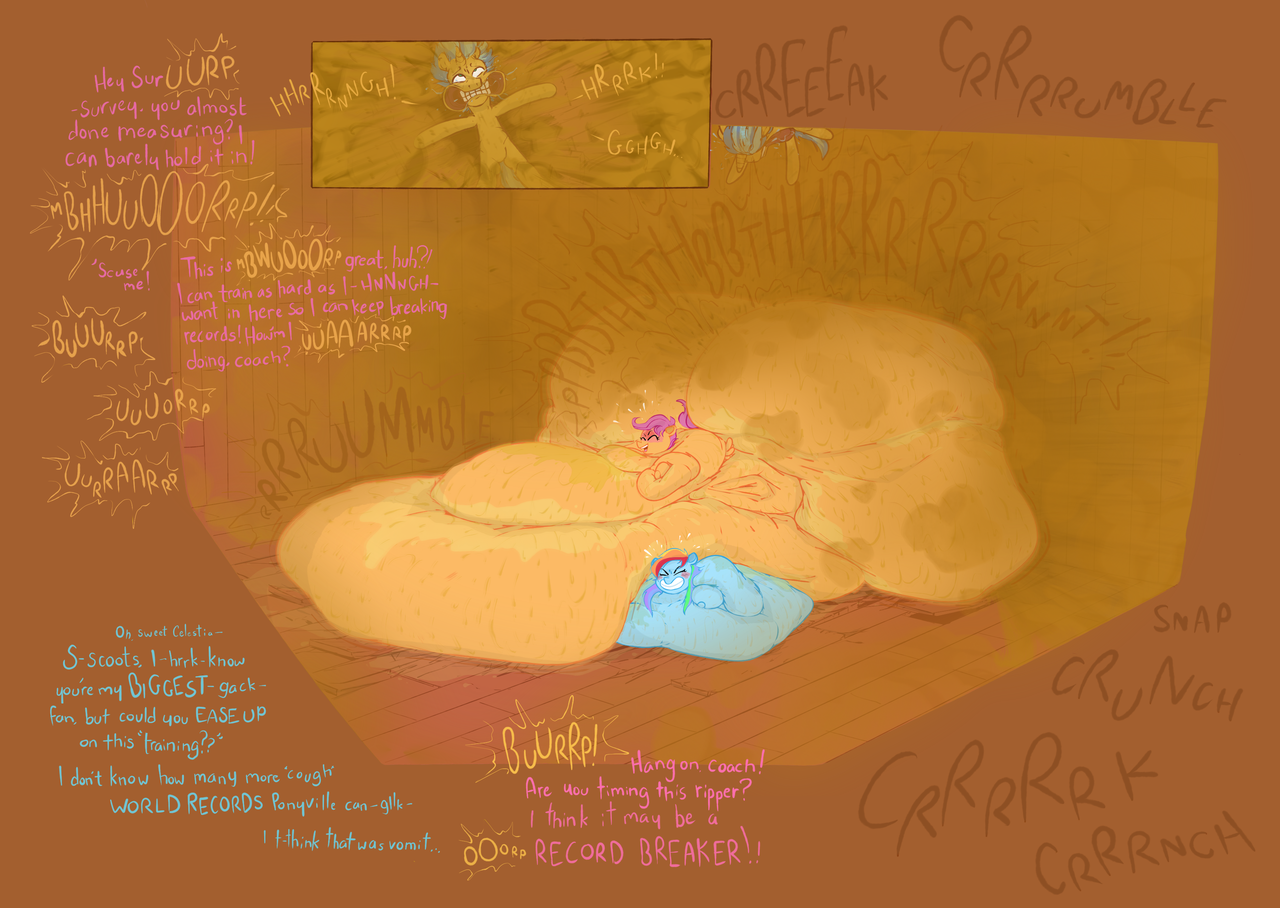 1832260 - dead source, questionable, artist:anthroskunkfromthe90s, rainbow  dash, scootaloo, oc, oc:sure survey, g4, belly, bingo wings, blob, burp,  crushing, fart, fat, gassy, high res, huge butt, immobile, impossibly large  belly, impossibly large