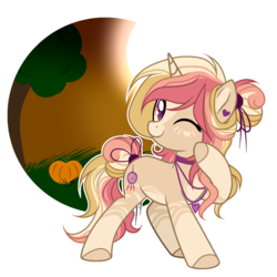 Size: 1024x1025 | Tagged: safe, artist:mintoria, oc, oc only, oc:morning glory, pony, unicorn, female, mare, one eye closed, pumpkin, simple background, solo, transparent background, tree, wink