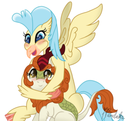 Size: 1280x1234 | Tagged: safe, artist:ipandacakes, autumn blaze, princess skystar, classical hippogriff, hippogriff, kirin, g4, my little pony: the movie, season 8, sounds of silence, autumnstar, crack shipping, hug, shipping, simple background, transparent background