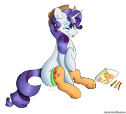Size: 4431x4000 | Tagged: safe, artist:emilywulfstudios, rarity, pony, g4, absurd resolution, applejack's hat, butt, clothes, cowboy hat, cute, drawing, hat, implied lesbian, implied rarijack, implied shipping, pencil, plot, simple background, stockings, thigh highs, tongue out, transparent background