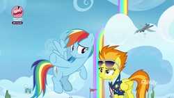 Size: 1920x1080 | Tagged: safe, screencap, rainbow dash, spitfire, pegasus, pony, g4, the washouts (episode), bake it like buddy, captain of the wonderbolts, clothes, discovery family logo, duo, female, lidded eyes, mare, necktie, pointing, rainbow waterfall, spitfire's tie, sunglasses, uniform, whistle, wonderbolts dress uniform, wonderbolts headquarters