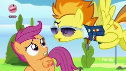 Size: 1920x1080 | Tagged: safe, screencap, scootaloo, spitfire, pegasus, pony, g4, the washouts (episode), clothes, duo, female, filly, flying, foal, mare, sunglasses, uniform, wonderbolts dress uniform