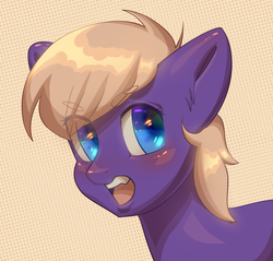 Size: 2000x1911 | Tagged: safe, artist:klooda, oc, oc only, pony, blue eyes, blushing, bust, dots, highlights, male, open mouth, portrait, solo, stallion, yellow mane