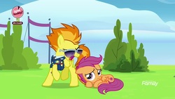 Size: 1920x1080 | Tagged: safe, screencap, scootaloo, spitfire, pegasus, pony, g4, the washouts (episode), clothes, duo, female, filly, foal, mare, prone, sunglasses, uniform, wonderbolts dress uniform, yelling