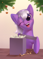 Size: 1900x2600 | Tagged: safe, artist:klooda, oc, oc only, oc:violet butter, pony, christmas, detailed, female, fringe, halfbody, happy, high res, mare, new year, one eye closed, present, purple eyes, ribbon, soft shading, solo, table, white hair, wink