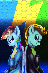 Size: 2940x4430 | Tagged: safe, artist:darksly, lightning dust, rainbow dash, pegasus, pony, g4, the washouts (episode), abstract background, clothes, duo, female, mare, rivals, rivals for life, uniform, washouts uniform, wonderbolts uniform