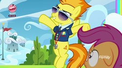 Size: 1920x1080 | Tagged: safe, screencap, scootaloo, spitfire, pegasus, pony, g4, the washouts (episode), clothes, duo, female, filly, floppy ears, foal, mare, necktie, spitfire's tie, sunglasses, uniform, whistle, wonderbolts dress uniform, wonderbolts headquarters