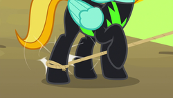 Size: 1280x720 | Tagged: safe, screencap, lightning dust, pegasus, pony, g4, the washouts (episode), clothes, legs, pictures of legs, raised hoof, rope, uniform, washouts uniform