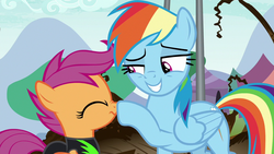 Size: 1280x720 | Tagged: safe, screencap, rainbow dash, scootaloo, pegasus, pony, g4, the washouts (episode), boop, clothes, cute, duo, female, filly, foal, mare, nose wrinkle, smiling, squint, uniform, washouts uniform