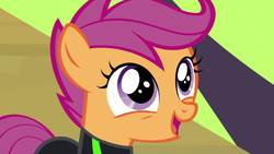Size: 1280x720 | Tagged: safe, screencap, scootaloo, pegasus, pony, g4, the washouts (episode), clothes, cute, cutealoo, female, filly, foal, open mouth, solo, uniform, washouts uniform
