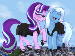 Size: 1280x960 | Tagged: safe, artist:causticeichor, starlight glimmer, trixie, pony, unicorn, g4, blushing, city, clothes, commission, destruction, dress, female, giant pony, high heels, looking down, macro, shoes, smiling, tiny city