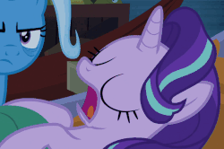 Size: 631x418 | Tagged: safe, screencap, starlight glimmer, trixie, pony, unicorn, g4, road to friendship, animated, bags under eyes, blanket, cropped, duo, eyes closed, female, hammock, mare, sleeping, snorelight glimmer, snoring, solo focus, tired