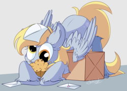 Size: 1024x738 | Tagged: dead source, safe, artist:xgglitch, derpy hooves, pegasus, pony, g4, box, cute, derp, female, food, mail, muffin, solo, unshorn fetlocks