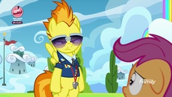 Size: 1920x1080 | Tagged: safe, screencap, scootaloo, spitfire, pegasus, pony, g4, the washouts (episode), clothes, duo, female, filly, foal, mare, necktie, spitfire's tie, sunglasses, uniform, whistle, wings, wonderbolts dress uniform, wonderbolts headquarters