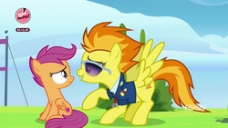 Size: 1920x1080 | Tagged: safe, screencap, scootaloo, spitfire, pegasus, pony, g4, the washouts (episode), clothes, crouching, duo, female, filly, foal, mare, raised hoof, sunglasses, uniform, wings, wonderbolts dress uniform, wonderbolts headquarters