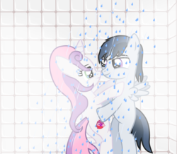 Size: 1890x1647 | Tagged: safe, artist:meandmyideas, rumble, sweetie belle, pegasus, pony, unicorn, g4, bath, bathroom, bedroom eyes, colt, female, filly, foal, looking at each other, male, ship:rumbelle, shipping, shower, smiling, straight, water, wet, wet mane