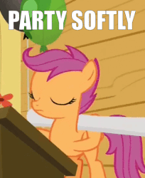 Size: 438x538 | Tagged: safe, edit, edited screencap, screencap, scootaloo, pegasus, pony, g4, season 8, the washouts (episode), animated, balloon, caption, clubhouse, crusaders clubhouse, cute, cutealoo, eyes closed, female, filly, foal, gif, headbob, image macro, party soft, podium, poster, solo, text