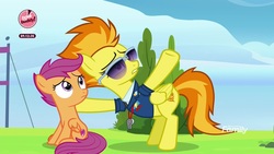 Size: 1920x1080 | Tagged: safe, screencap, scootaloo, spitfire, pegasus, pony, g4, the washouts (episode), clothes, duo, female, filly, foal, mare, sunglasses, uniform, whistle, wonderbolts dress uniform