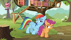 Size: 1920x1080 | Tagged: safe, screencap, rainbow dash, scootaloo, pegasus, pony, g4, the washouts (episode), clubhouse, crusaders clubhouse, duo, female, filly, foal, mare, raised eyebrow, tree stump, unamused