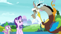 Size: 720x404 | Tagged: safe, screencap, discord, spike, starlight glimmer, draconequus, dragon, pony, unicorn, a matter of principals, g4, animated, falling apart, female, flying, gif, male, mare, modular, thumbs up, winged spike, wings