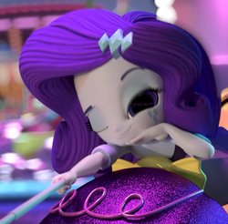 Size: 733x720 | Tagged: safe, screencap, rarity, equestria girls, g4, cropped, doll, equestria girls minis, female, fun at the theme park, one eye closed, selfie stick, toy, wink
