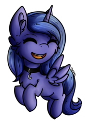 Size: 575x766 | Tagged: safe, artist:deraniel, princess luna, alicorn, pony, g4, accessory, cheek fluff, chest fluff, collar, cute, ear fluff, eyes closed, female, filly, flying, happy, lunabetes, simple background, smiling, solo, transparent background, wings, woona, younger
