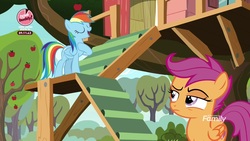 Size: 1920x1080 | Tagged: safe, screencap, rainbow dash, scootaloo, pegasus, pony, g4, the washouts (episode), apple tree, clubhouse, crusaders clubhouse, duo, female, filly, foal, mare, raised eyebrow, stairs, tree, unamused, unimpressed