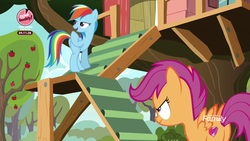 Size: 1920x1080 | Tagged: safe, screencap, rainbow dash, scootaloo, pegasus, pony, g4, the washouts (episode), apple tree, clubhouse, crusaders clubhouse, duo, female, filly, foal, mare, stairs, tree