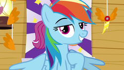 Size: 1280x720 | Tagged: safe, screencap, rainbow dash, pegasus, pony, g4, the washouts (episode), clubhouse, crusaders clubhouse, female, grin, hoof on chest, lidded eyes, mare, smiling, solo