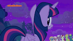 Size: 800x450 | Tagged: safe, screencap, end zone, fuchsia frost, goldy wings, loganberry, peppe ronnie, sugar maple, twilight sparkle, alicorn, earth pony, pegasus, pony, a rockhoof and a hard place, g4, animated, background pony, eh, female, friendship student, looking back, male, mare, nickelodeon, raised hoof, shrug, smiling, stallion, twilight sparkle (alicorn)