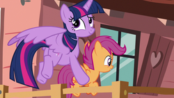 Size: 1280x720 | Tagged: safe, screencap, scootaloo, twilight sparkle, alicorn, pegasus, pony, g4, the washouts (episode), butt, carrying, clubhouse, crusaders clubhouse, duo, female, filly, flying, foal, holding a pony, mare, plot, twibutt, twilight sparkle (alicorn)