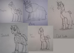 Size: 6448x4688 | Tagged: safe, artist:crainn, oc, oc only, pegasus, pony, unicorn, yak, my little pony: tails of equestria, absurd resolution, cape, clothes, crown, hat, jewelry, npc, pencil drawing, regalia, traditional art, uniform