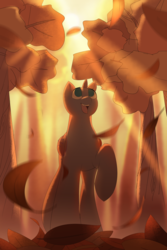 Size: 2000x3000 | Tagged: safe, artist:klooda, pony, any race, autumn, commission, crepuscular rays, falling leaves, forest, high res, leaves, open, solo, sunlight, tree, ych example, your character here