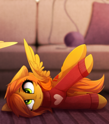 Size: 1101x1252 | Tagged: safe, artist:magnaluna, oc, oc only, oc:camber, pegasus, pony, behaving like a cat, clothes, couch, cute, fainting goat, female, heart, mare, ocbetes, scrunchy face, silly, silly pony, solo focus, sweater, yarn, ych result