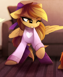 Size: 1020x1252 | Tagged: safe, artist:magnaluna, oc, oc only, oc:joycie, pegasus, pony, biting, bow, clothes, couch, cute, female, hair bow, heart, mare, ocbetes, one eye closed, pegasus oc, solo focus, sweater, ych result
