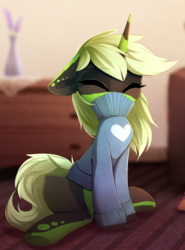 Size: 928x1252 | Tagged: safe, artist:magnaluna, oc, oc only, oc:serenity (shifty), pony, unicorn, behaving like a cat, clothes, couch, cute, eyes closed, femboy, heart, male, ocbetes, solo, stallion, sweater, trap, turtleneck, vest, ych result