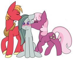 Size: 2486x2029 | Tagged: safe, artist:calibykitty, big macintosh, cheerilee, marble pie, earth pony, pony, g4, big macintosh's yoke, bisexual, bisexual female, blushing, cheek kiss, cheeribetes, cheerimarblemac, cute, eyes closed, female, high res, kiss on the head, kiss sandwich, kissing, lesbian, lesbian in front of boys, macabetes, male, marbilee, marblebetes, mare, ot3, polyamory, raised hoof, ship:marblemac, shipping, simple background, sitting, stallion, straight, unshorn fetlocks, white background