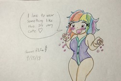 Size: 3181x2122 | Tagged: dead source, safe, artist:gmangamer25, rainbow dash, human, g4, the end in friend, buckball uniform, clothes, high res, humanized, rainbow dash always dresses in style, request, swimsuit, traditional art