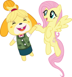 Size: 3000x3210 | Tagged: safe, artist:cloudy glow, fluttershy, dog, pegasus, pony, anthro, g4, animal crossing, anthro with ponies, clothes, crossover, cute, duo, female, high res, isabelle, mare, nintendo, shyabetes, simple background, transparent background, vector