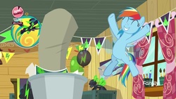 Size: 1920x1080 | Tagged: safe, screencap, rainbow dash, pegasus, pony, g4, the washouts (episode), female, flying, happy, mare, poster, solo, the washouts, trash can