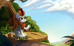 Size: 2560x1600 | Tagged: safe, artist:taneysha, autumn blaze, kirin, g4, sounds of silence, cloud, female, platform, solo, tree