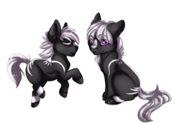 Size: 882x629 | Tagged: safe, artist:requiem♥, oc, oc only, horse, pony, black fur, chibi, female, hooves, male, purple eyes, simple background, solo, straight, transparent background, white mane