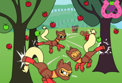 Size: 1024x698 | Tagged: safe, artist:author92, apple bloom, applejack, babs seed, earth pony, pony, g4, alternate clothes, apple, apple tree, applebucking, applejack mid tree-buck facing the left with 3 apples falling down, applejack mid tree-buck facing the right with 3 apples falling down, applejack mid tree-buck with 3 apples falling down, brightly colored ninjas, falling, food, kicking, kunoichi, mask, ninja, speed clone, sweet apple acres, tree