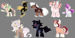 Size: 2661x1377 | Tagged: safe, artist:selenaede, artist:taaffeiite, derpibooru exclusive, oc, oc only, bat pony, earth pony, hybrid, original species, pegasus, pony, unicorn, base used, commission, female, gray background, male, mare, simple background, stallion, white outline