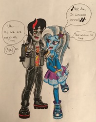 Size: 2204x2804 | Tagged: safe, artist:bozzerkazooers, trixie, oc, oc:blade swipe, equestria girls, g4, my little pony equestria girls: better together, canon x oc, edgy, female, high res, male, red and black oc, shipping, straight