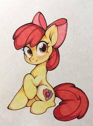 Size: 950x1280 | Tagged: safe, artist:lispp, apple bloom, earth pony, pony, g4, adorabloom, bow, cute, female, filly, hair bow, looking at you, simple background, solo, traditional art, white background